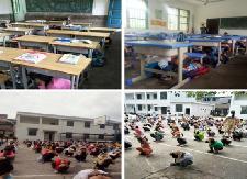 58秒，东烟完小全体师生从教室安全撤离到操场